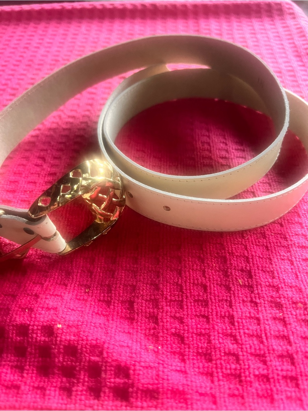 Vintage White Leather Belt Gold Lattice Basketweave Chunky Buckle Statement